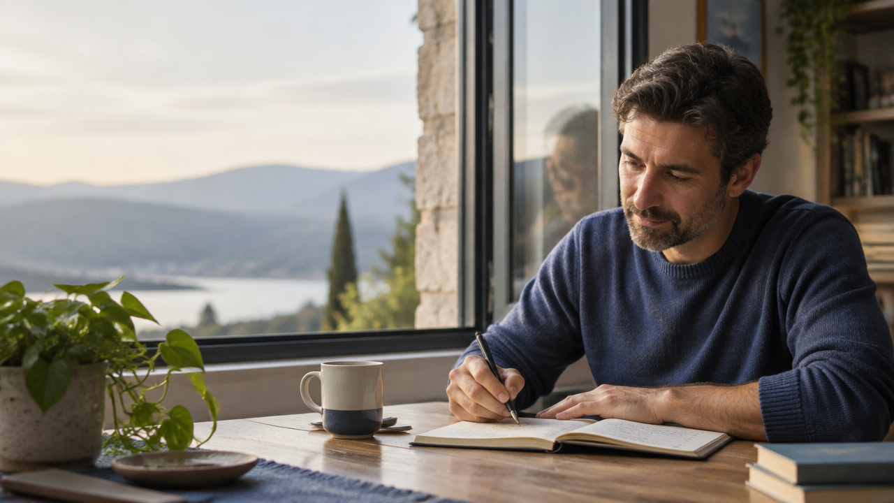 A person journaling by a window as they reflect on rebuilding meaning after change