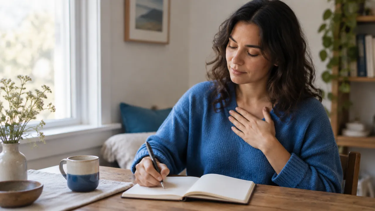 A person journaling quietly and pausing to notice their feelings