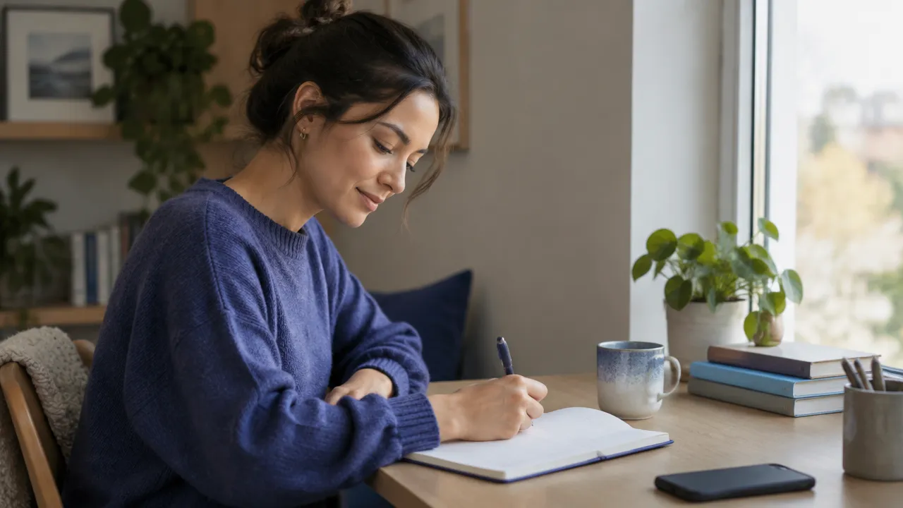 A person journals after noticing a comparison trigger, with a phone set aside