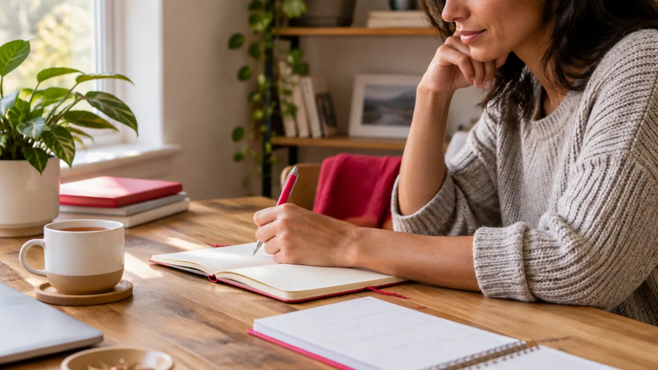 A person journals at a desk while planning one manageable next step through a life transition