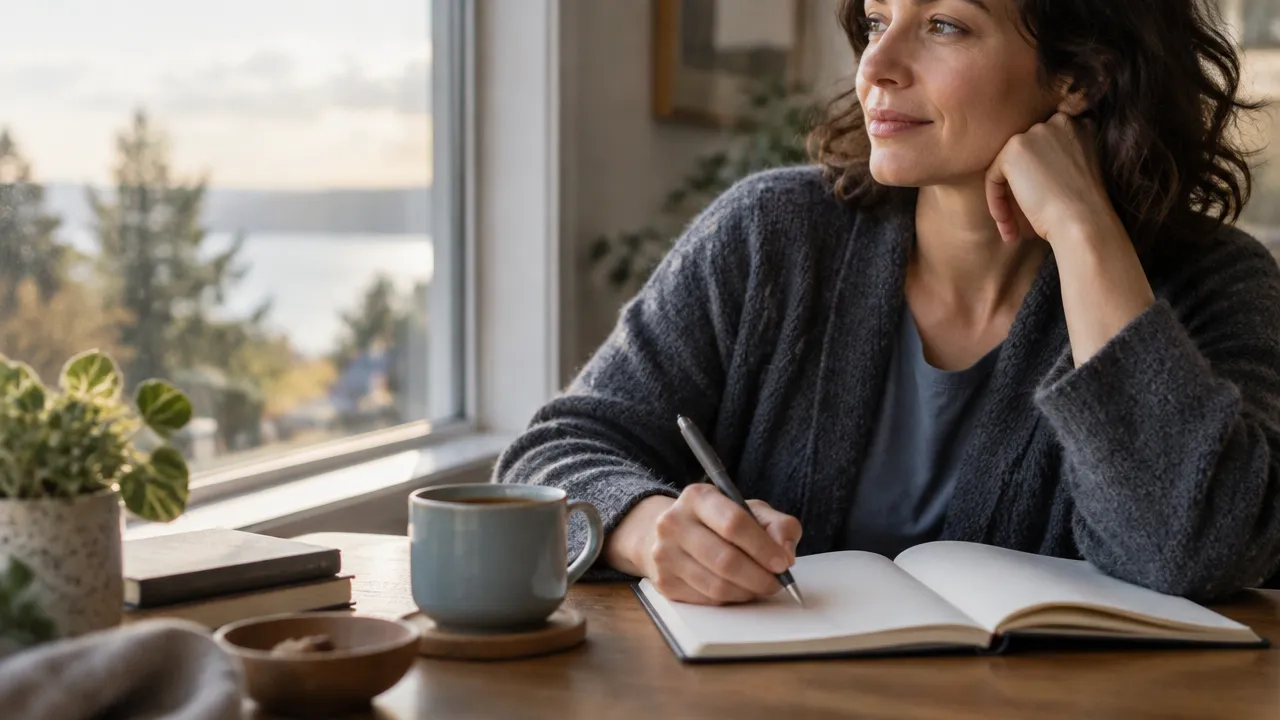 A person journals calmly as a gentle self-reflection exercise