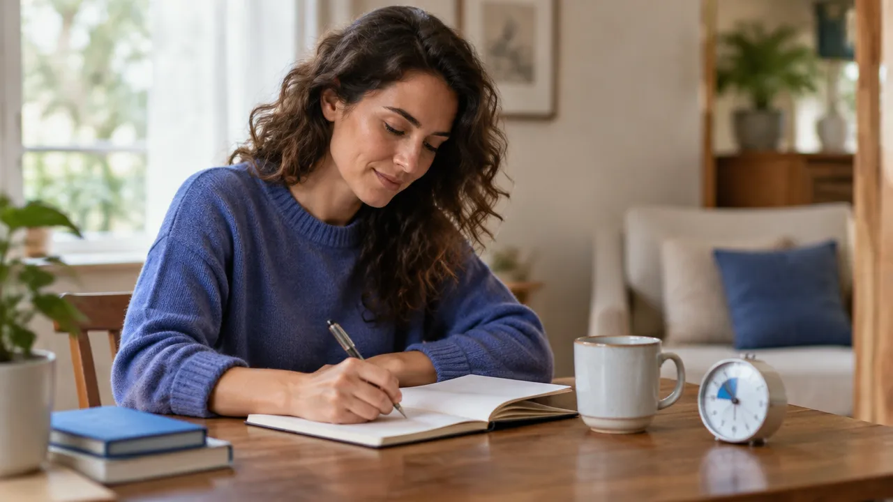 A person journals calmly to observe the feelings and thoughts behind a repeated delay.