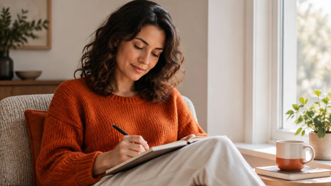 A person journals quietly after checking in with their body and emotions.