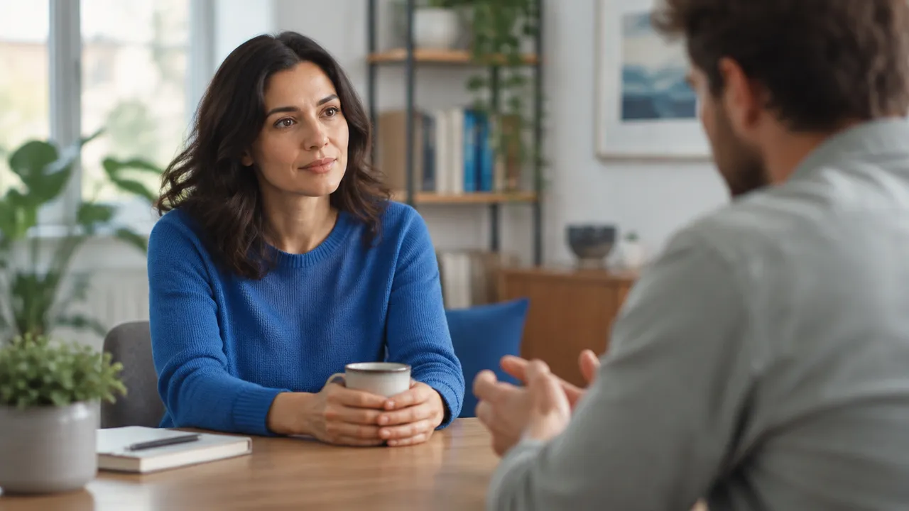 A person listens attentively and takes a measured pause during a difficult conversation.