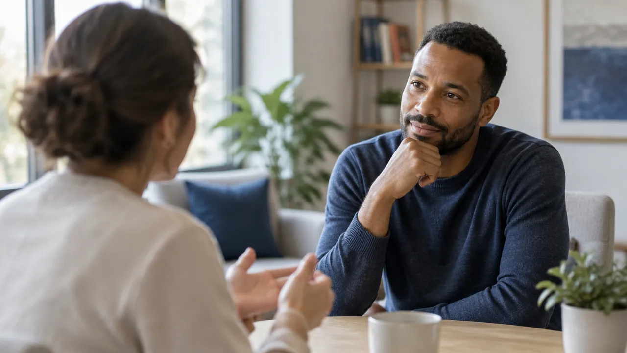 A person listens attentively during a calm conversation, noticing subtle facial and bodily reactions.
