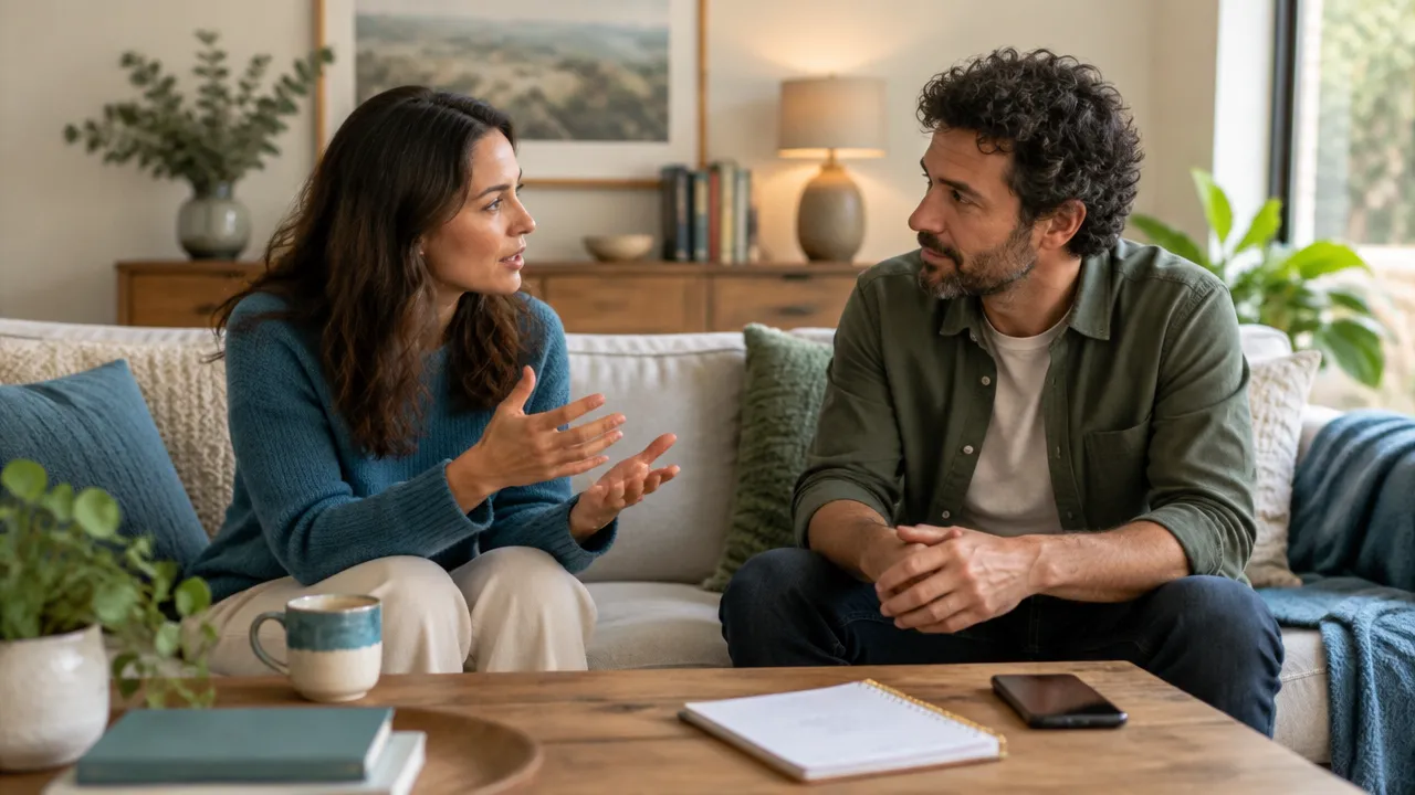 A person listens attentively to a partner in a calm living room, with a reminder card nearby suggesting intentional follow-through.