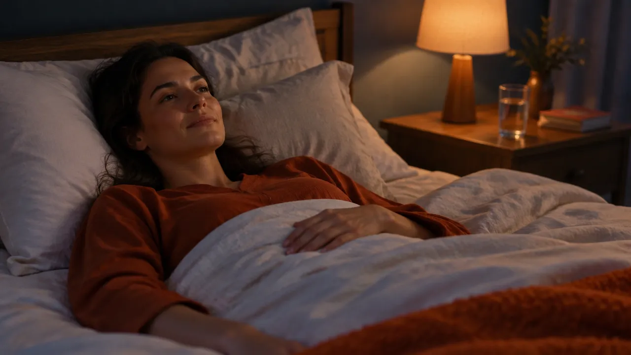 A person lying comfortably in bed with one hand on the abdomen, practicing relaxed breathing before sleep.