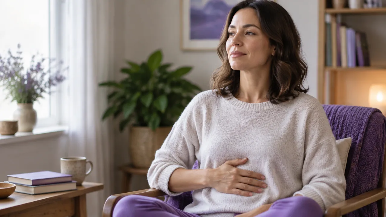 A person makes a gentle breathing and posture check-in to notice subtle emotional signals.