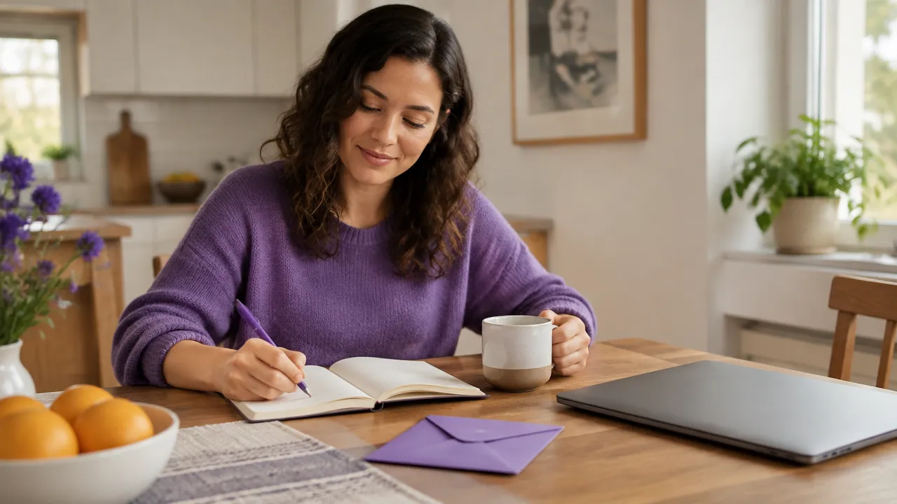 A person making a small written plan beside a mug and an unopened envelope, showing a gentle return to a postponed responsibility.