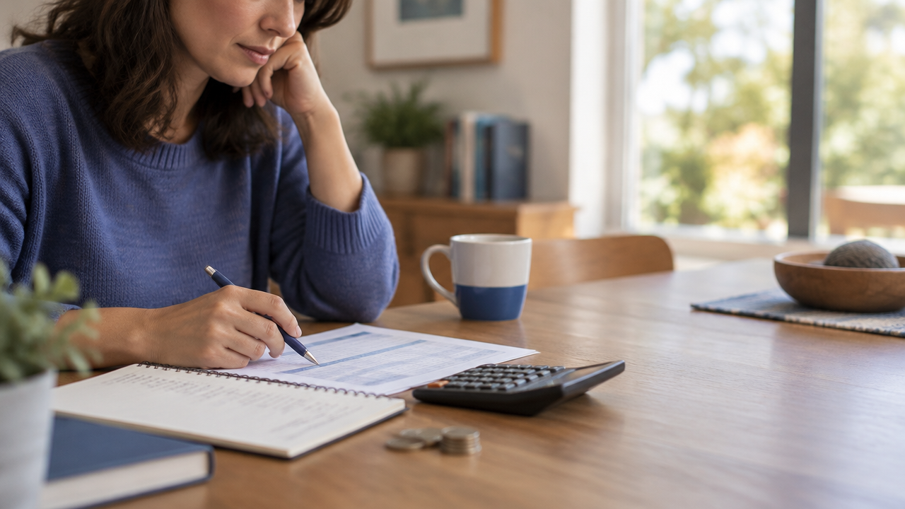 A person mapping a personal goal against a monthly budget before making a financial choice