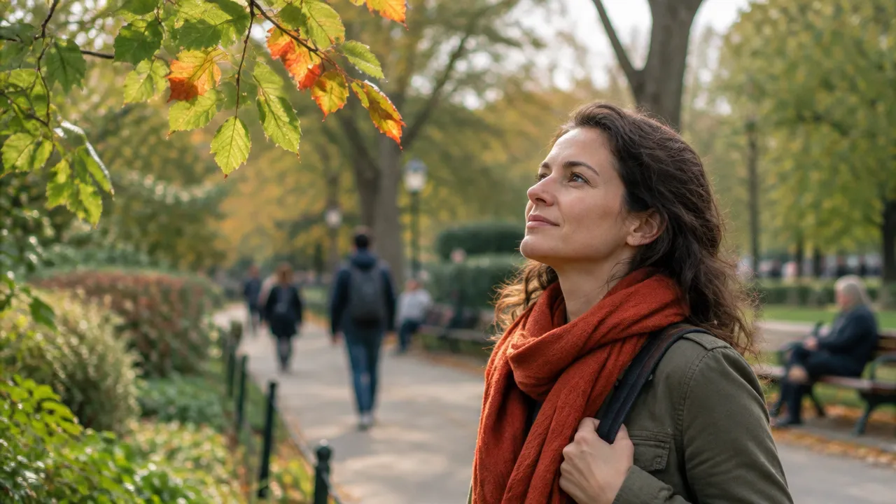 A person notices sunlight on leaves while background activity blurs, illustrating selective conscious awareness
