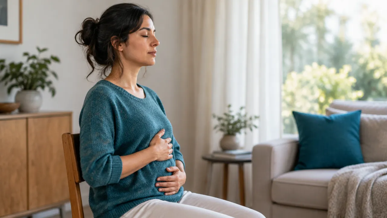 A person noticing a slow, comfortable exhale during a paced breathing practice