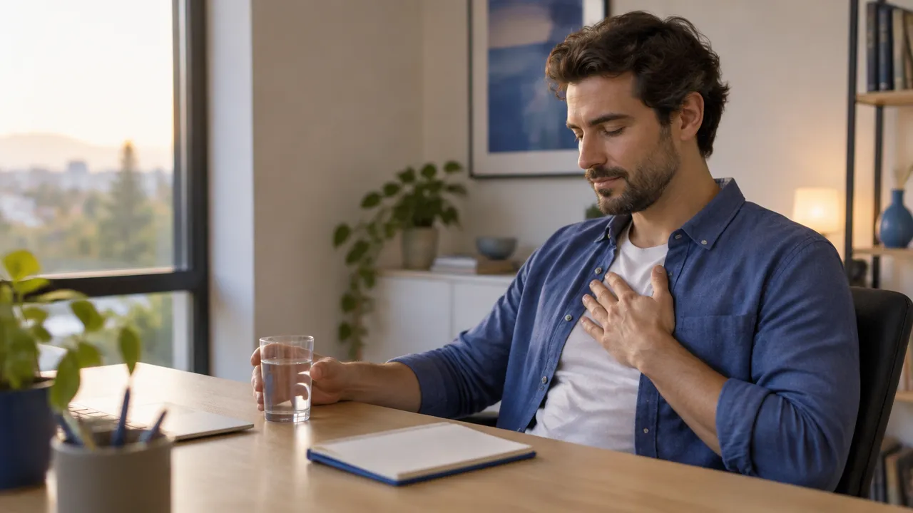 A person pauses at a desk to notice their body and prepare for the next task
