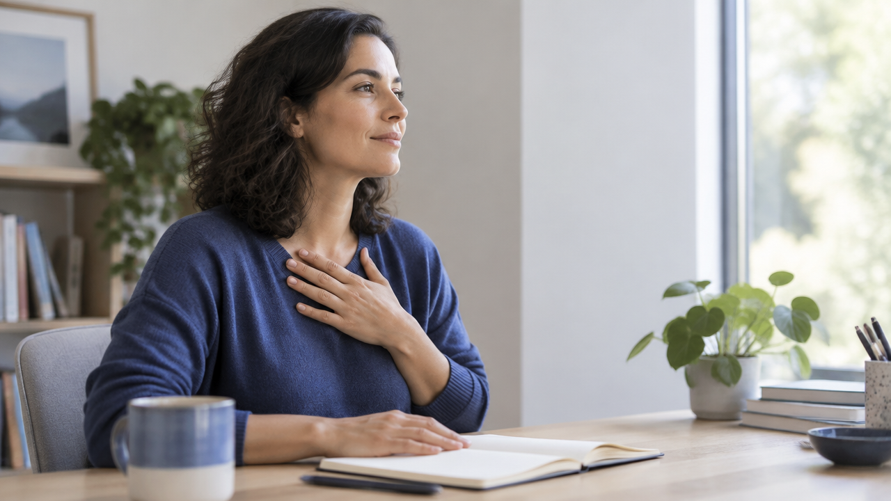 A person pauses at a desk to notice their breathing and body tension after a difficult conversation.