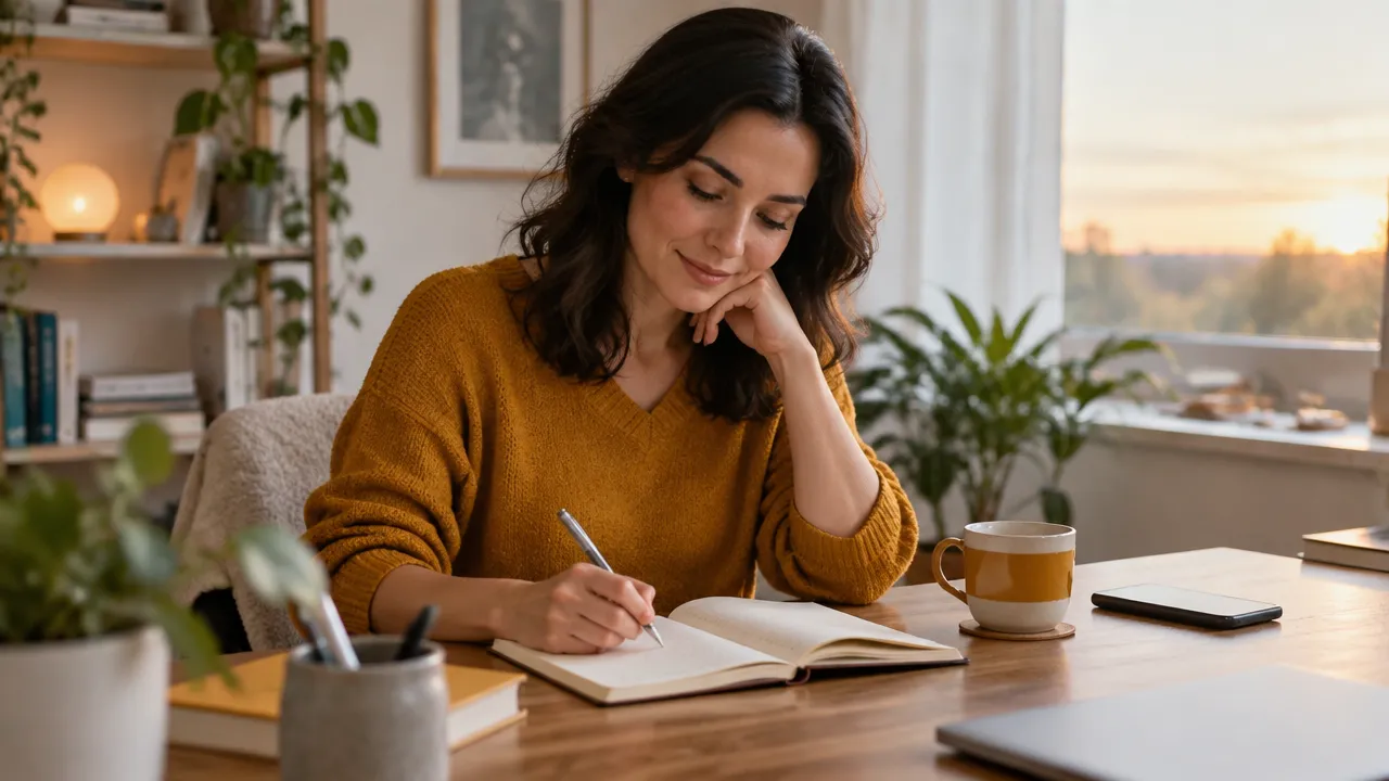 A person pauses at a desk to write a short reflection as part of a daily feedback routine.