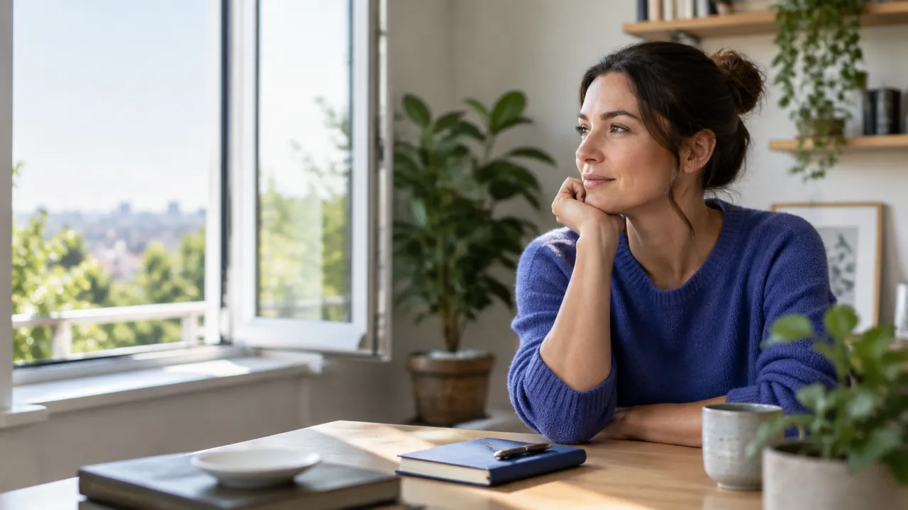 A person pauses at a desk with a notebook, reflecting on hesitation before personal growth.