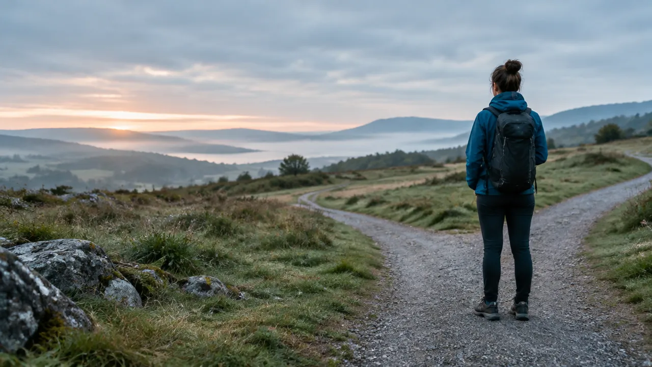 A person pauses at a fork in a quiet path at dawn, reflecting on meaning and life choices.