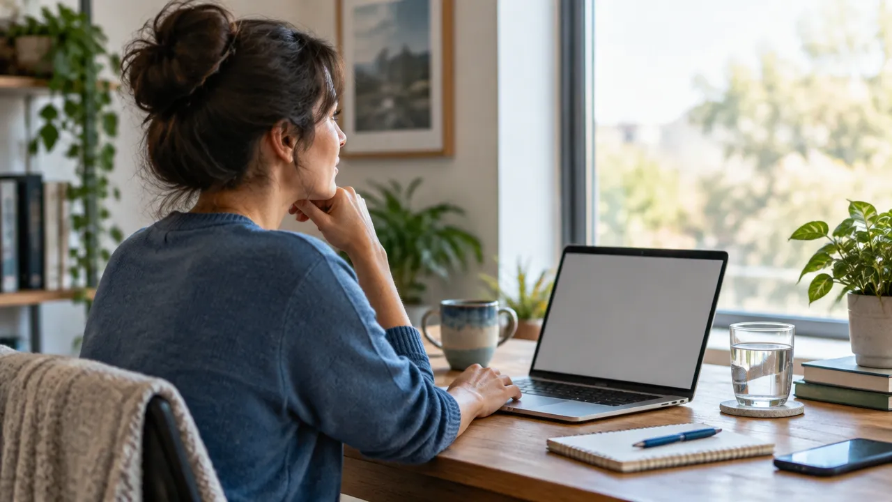 A person pauses at a home desk before replying, noticing their attention and feelings.