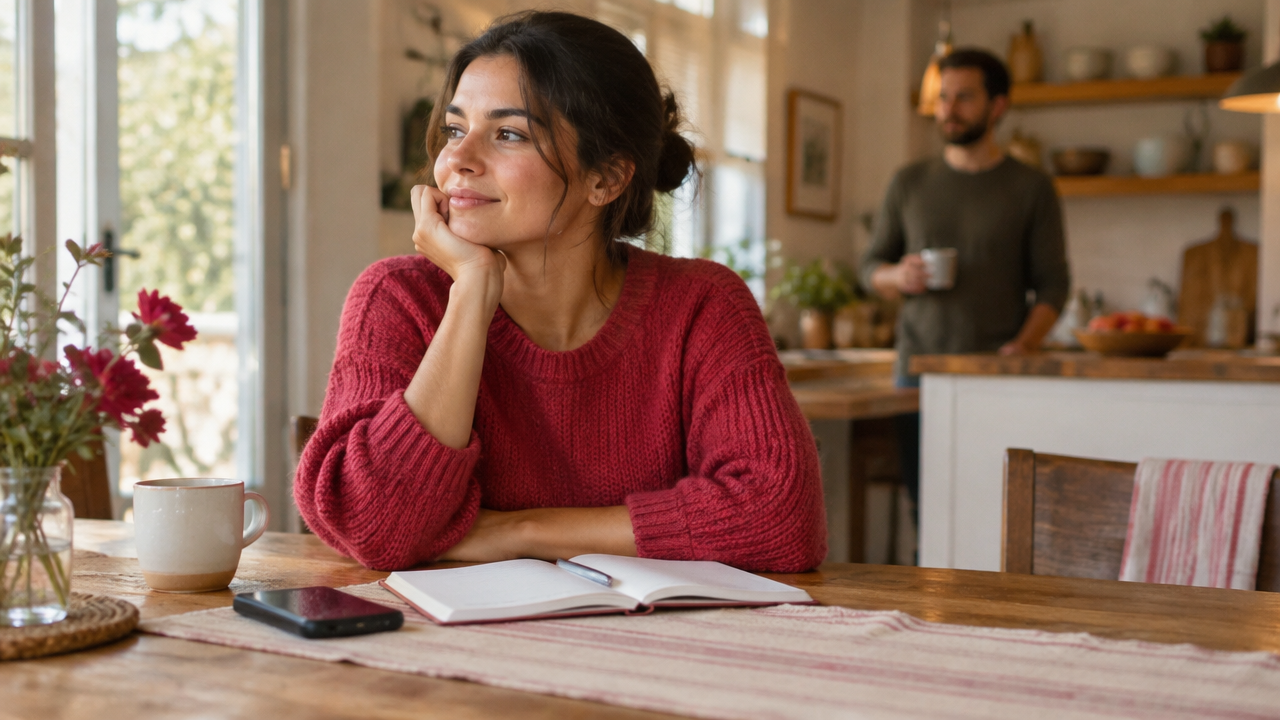A person pauses before replying to a message while their partner gives them space