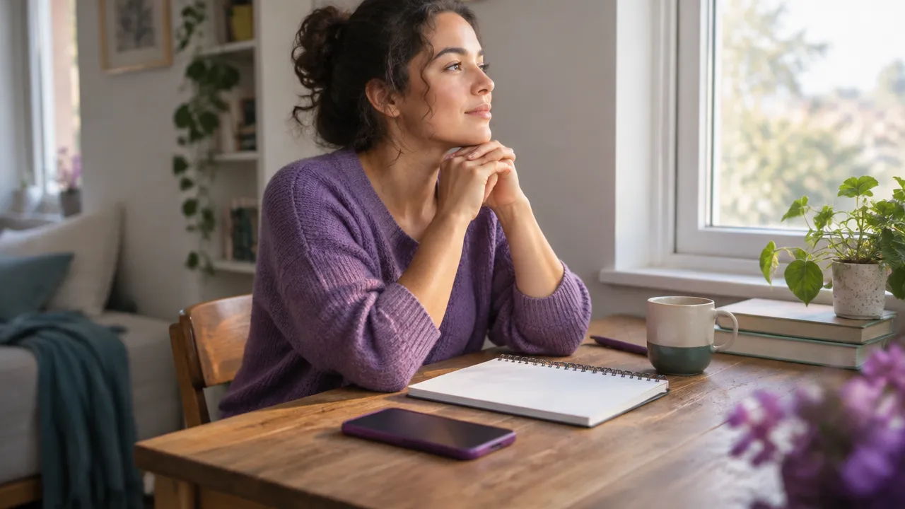 A person pauses beside a face-down phone and blank notebook before responding online.