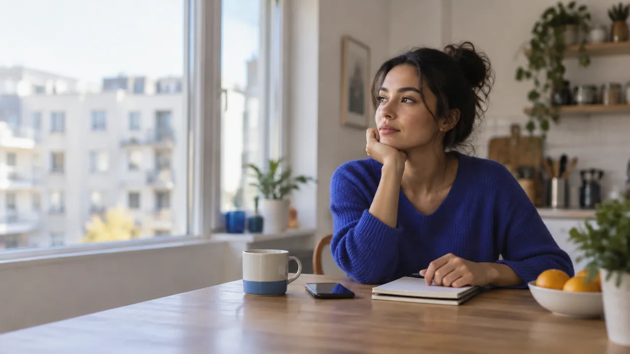 A person pauses beside a face-down phone to reflect on comparison thoughts in a quiet home