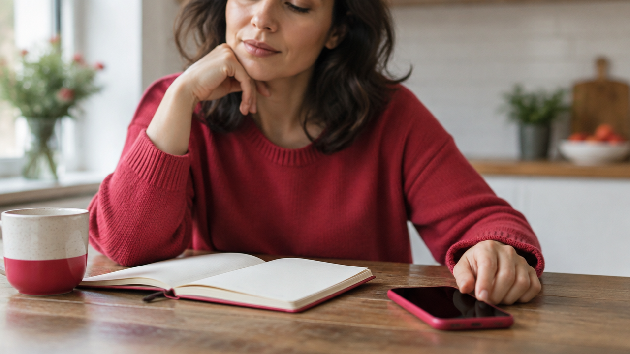 A person pauses beside a phone and blank notebook before choosing a thoughtful response