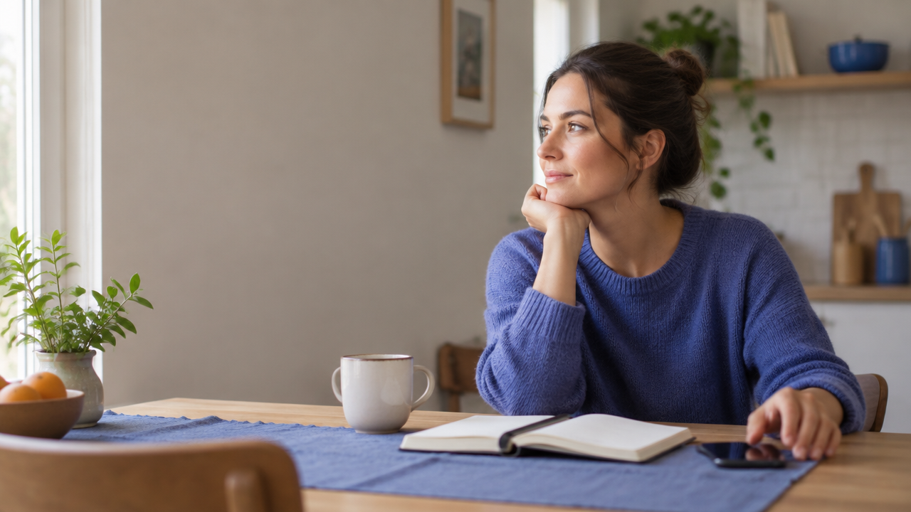 A person pauses beside a phone and notebook in morning light, noticing an everyday emotional habit.