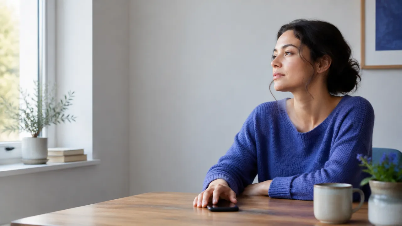 A person pauses beside a window with their phone face down to settle before reacting to another person's mood.