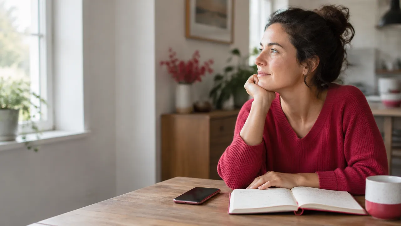 A person pauses beside an idle smartphone to reflect in a journal