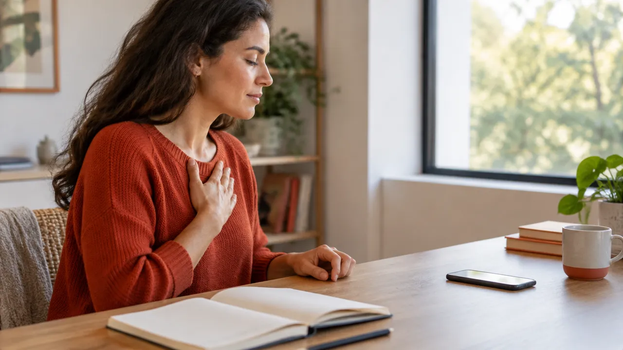 A person pauses beside an open journal before reacting, illustrating a practical step toward changing a repeated pattern.
