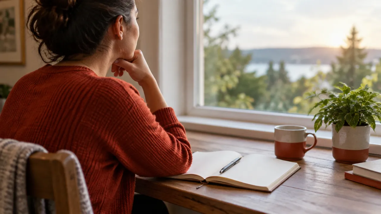 A person pauses beside an open notebook to notice a difficult thought and reflect before taking a values-guided step.