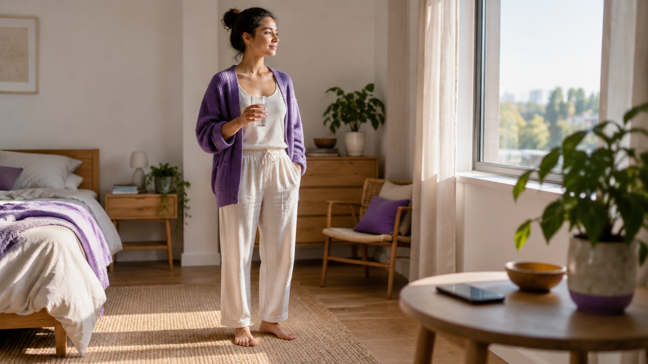 A person pauses by a bright window before reaching for a phone during a calm morning reset