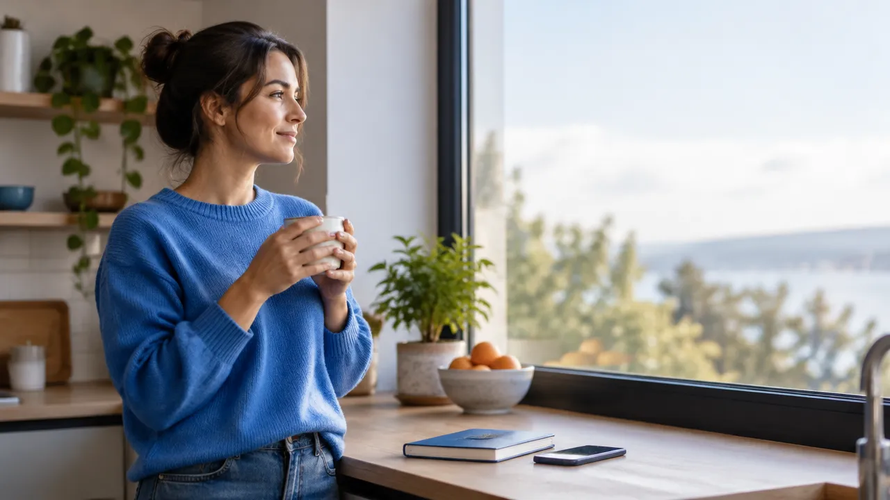 A person pauses by a kitchen window with a mug, using a brief transition to become present between tasks.