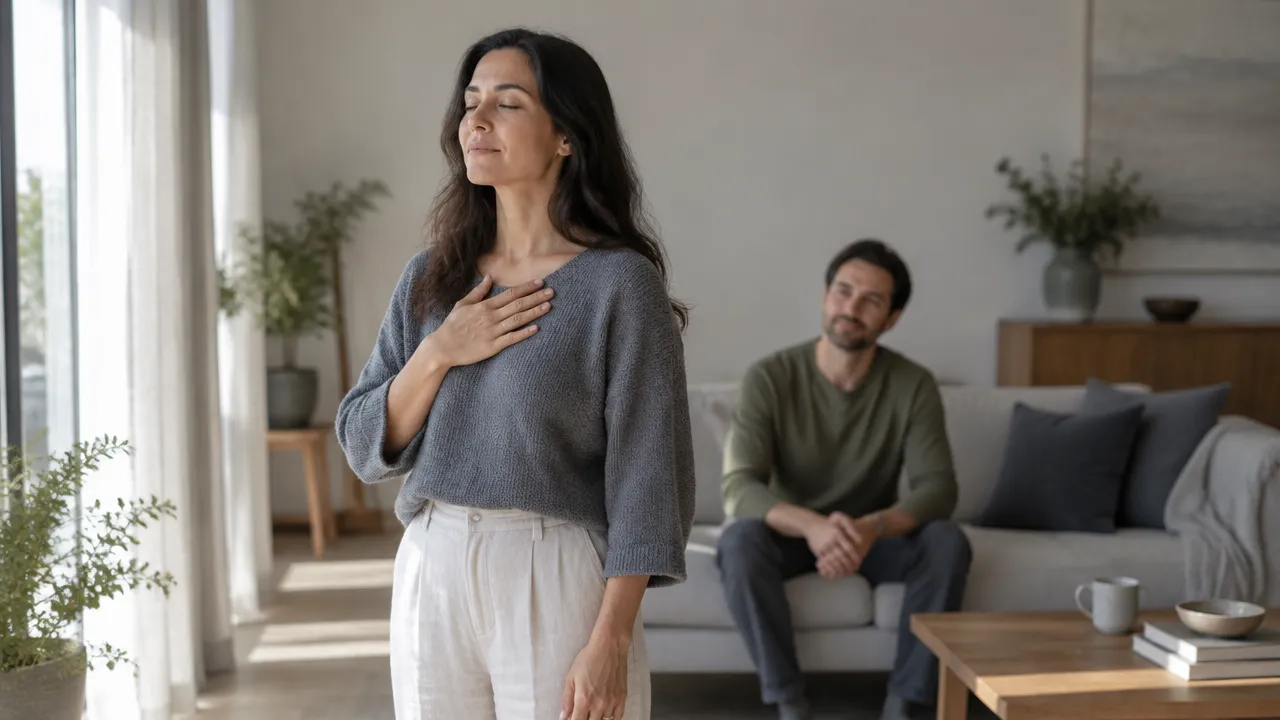 A person pauses by a window and notices their breathing while another person offers quiet, supportive presence.