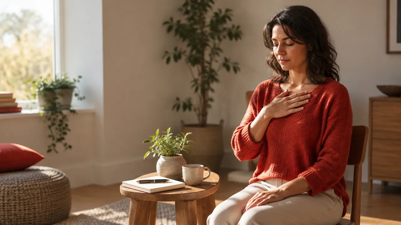 A person pauses for a brief breathing meditation beside a journal before practicing compassionate listening.