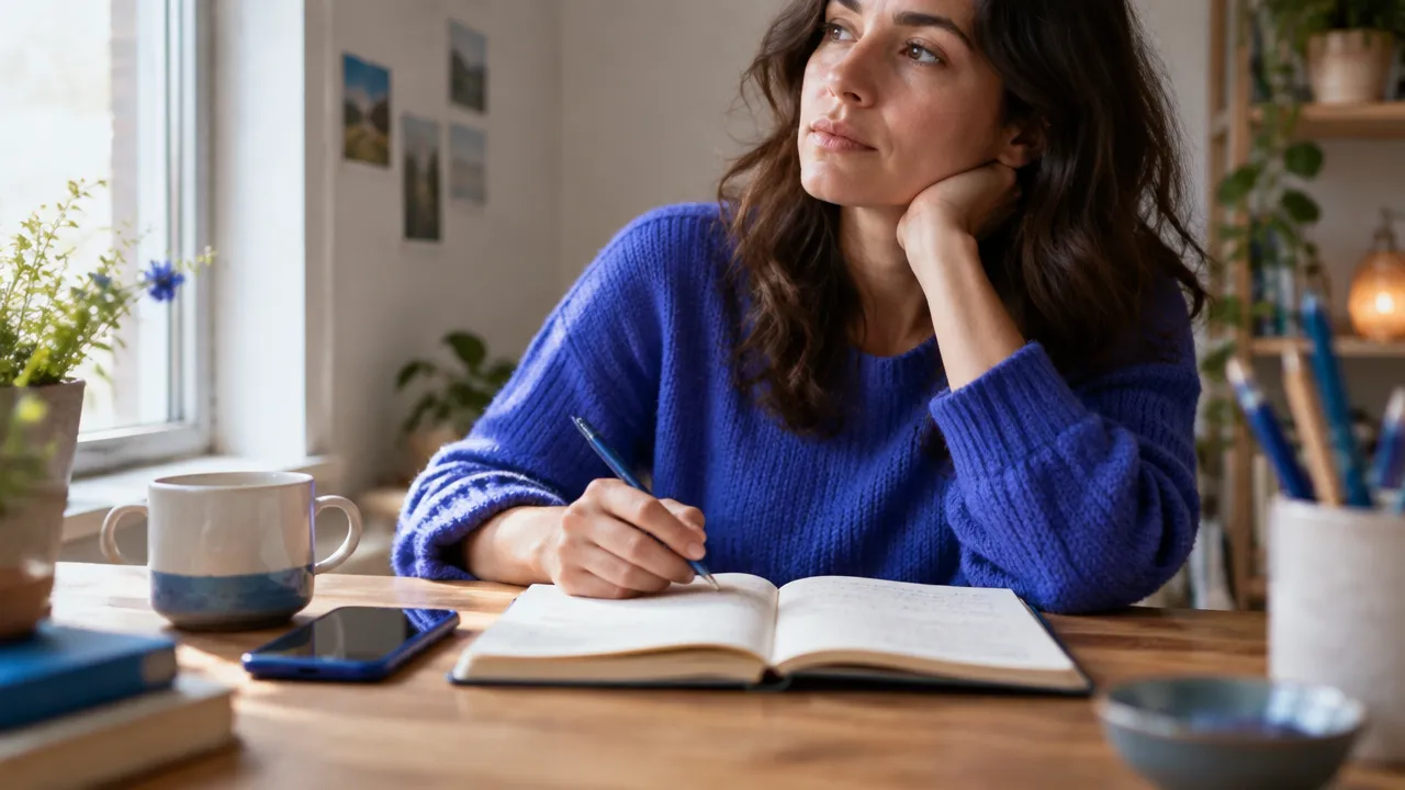 A person pauses journaling to examine comparison-driven thoughts after turning a phone face down