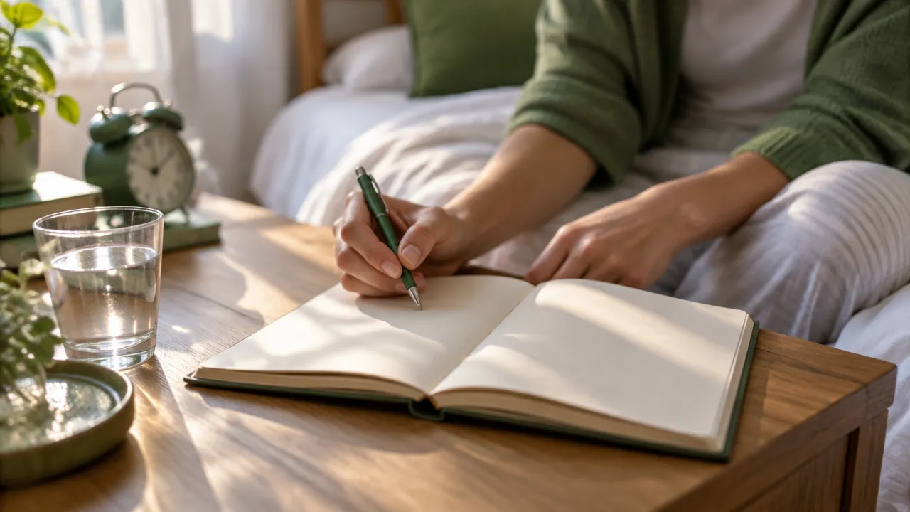 A person pauses over a blank journal beside the bed to record feelings and dream details
