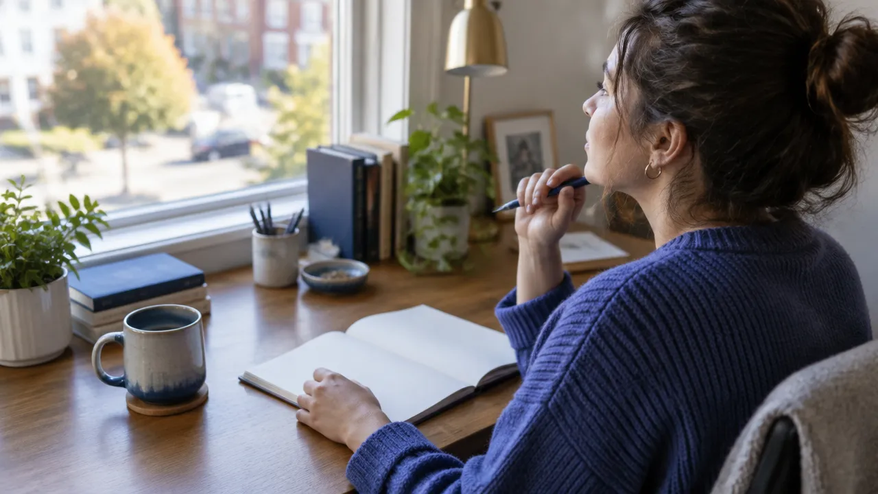A person pauses over a blank journal while reflecting on the stories behind a decision.