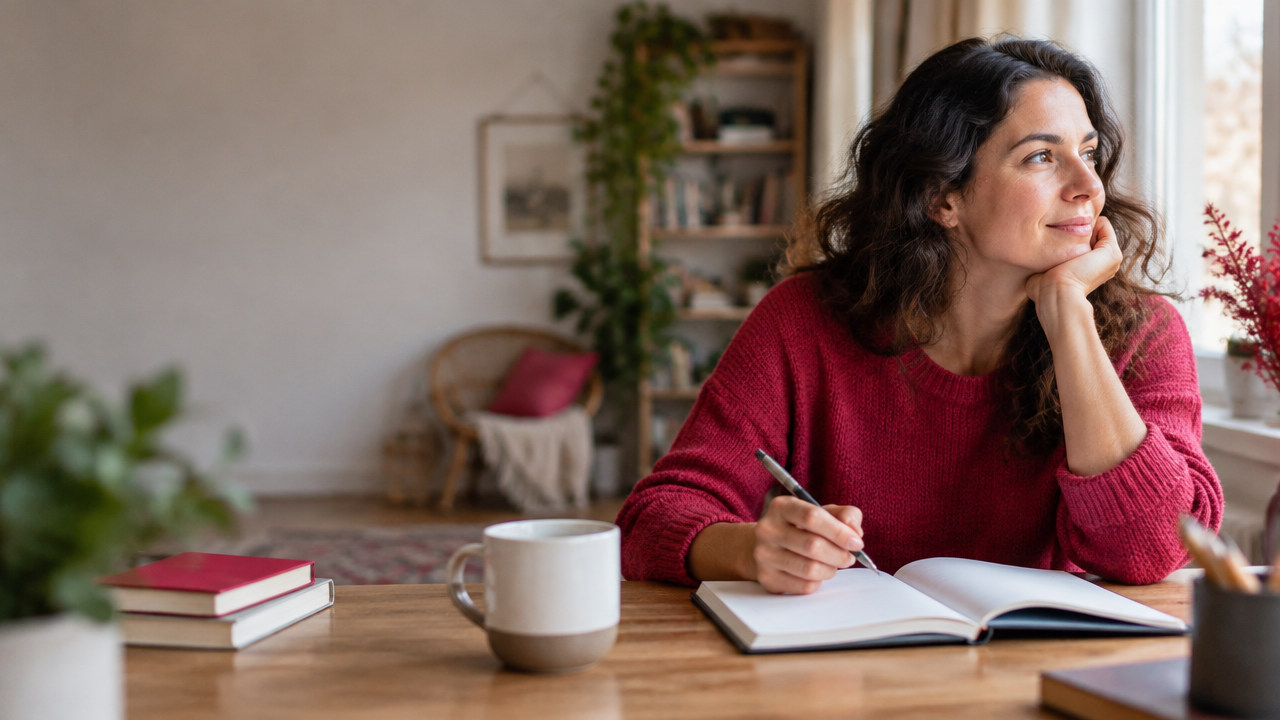 A person pauses over a journal by a window, reflecting before acting on a passing thought