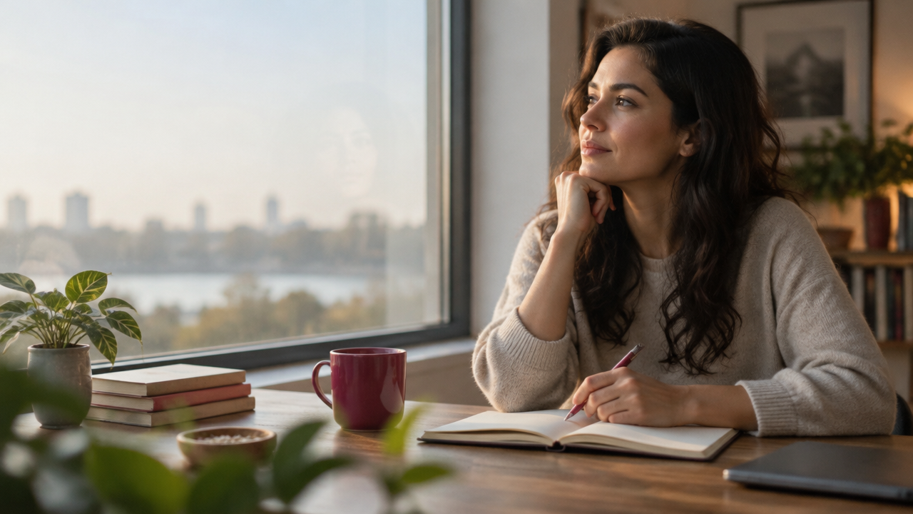 A person pauses over a journal by a window, reflecting on the language of their inner self-talk.