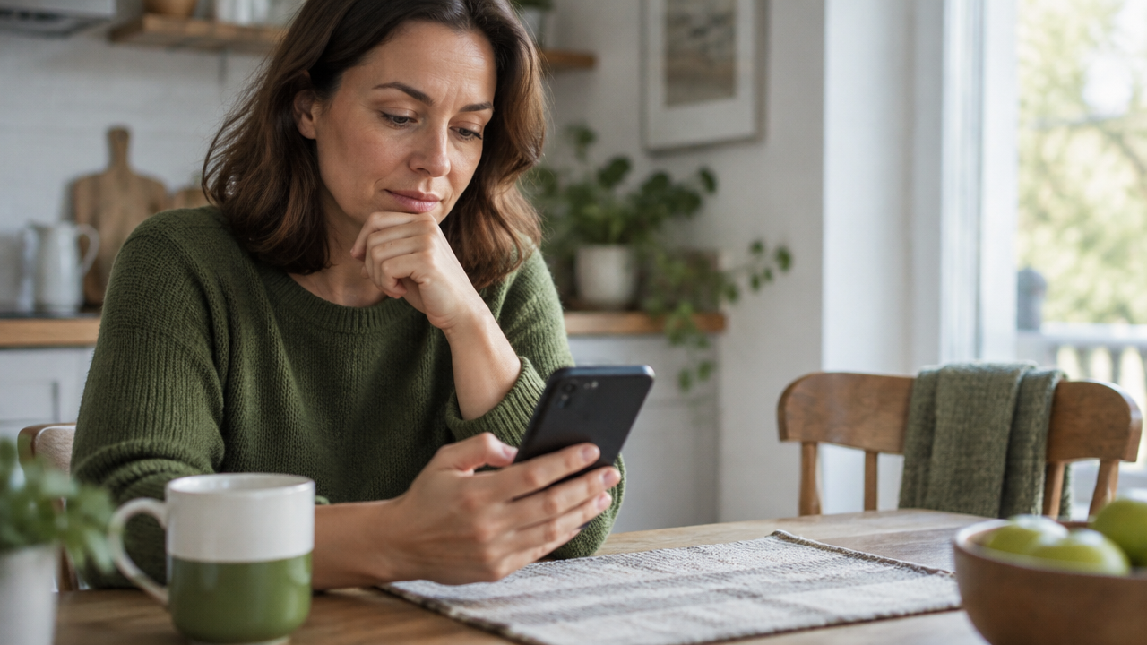 A person pauses over a smartphone at a kitchen table, reflecting on a change in communication.