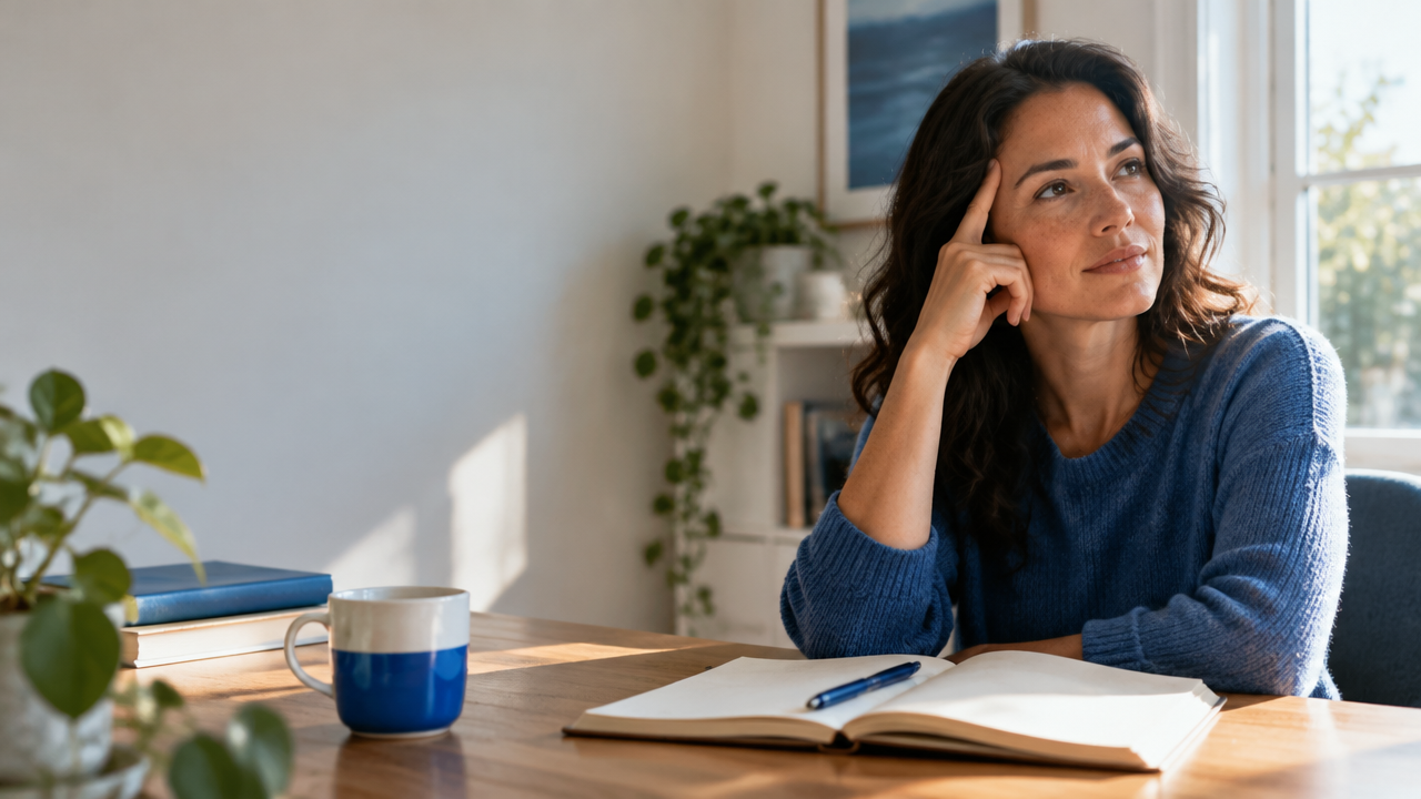 A person pauses over an open journal, reflecting thoughtfully beside a bright window