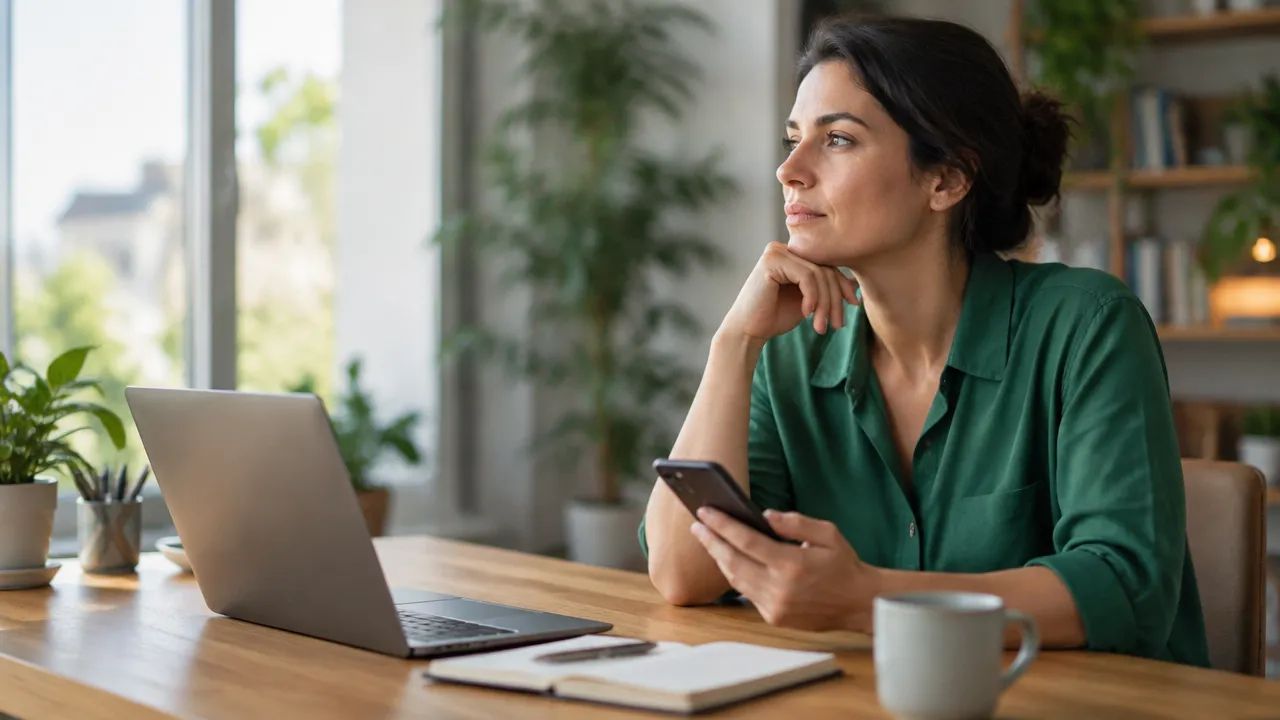 A person pauses thoughtfully before using a smartphone beside an open laptop