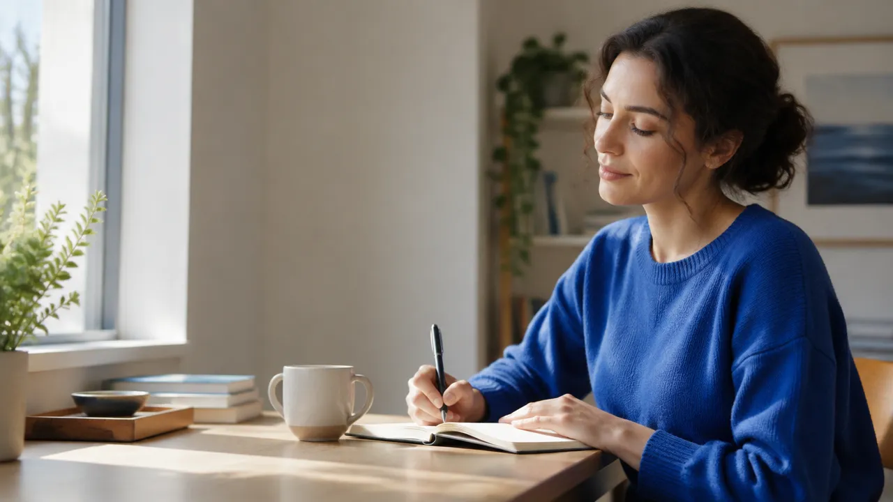 A person pauses to breathe and write in a notebook before responding to a strong emotion.