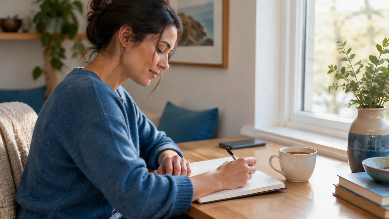A person pauses to journal beside a window, reflecting before responding in a relationship.
