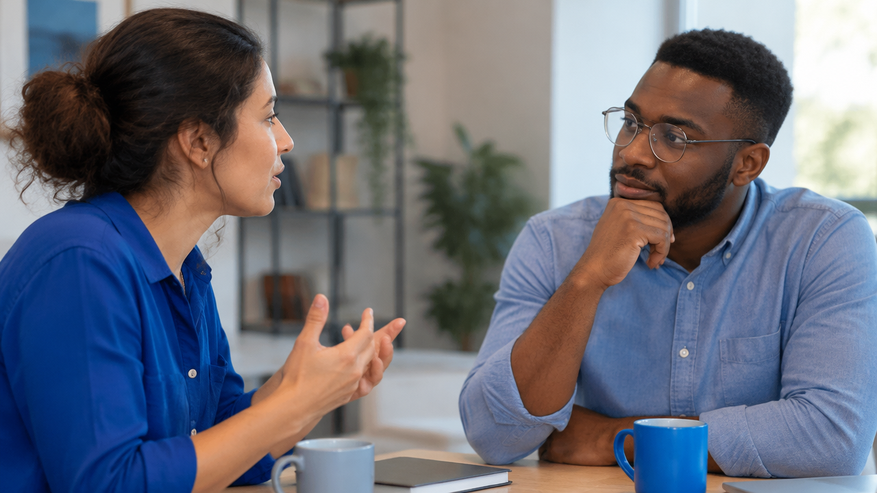 A person pauses to listen attentively before responding to someone describing a challenge.