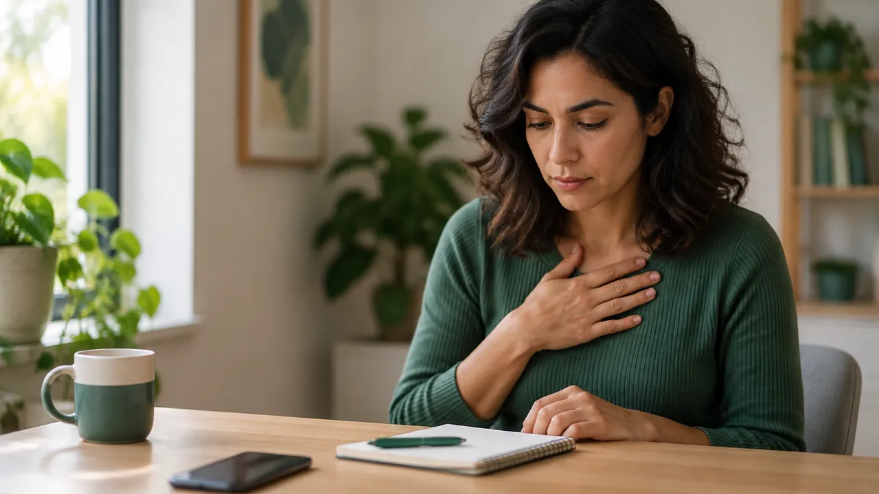 A person pauses to notice physical sensations and reflect before responding to a stressful moment.