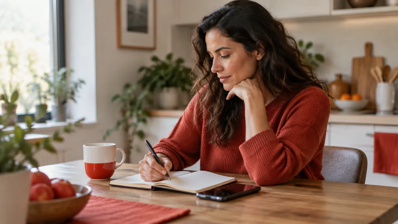 A person pauses to notice their reaction and write in a notebook after reading a stressful message