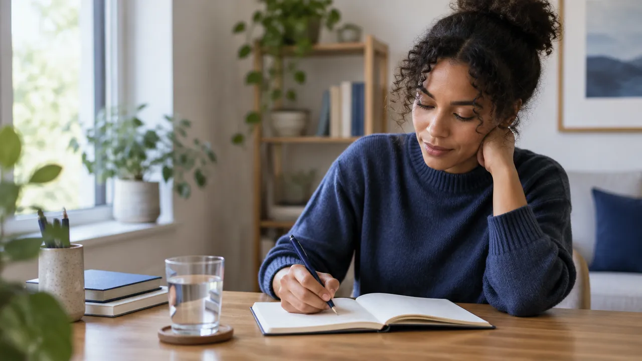 A person pauses to reflect and write after a difficult interaction, practicing emotional self-awareness.