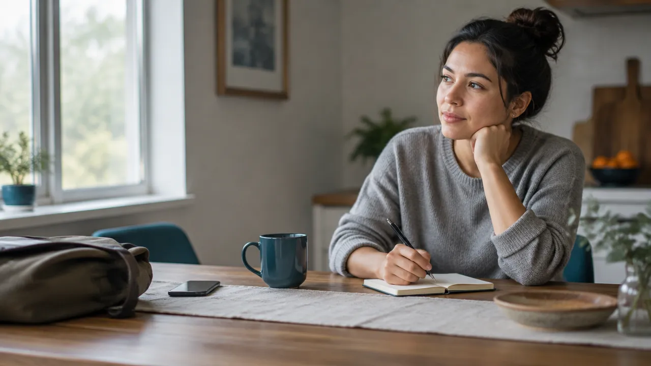A person pauses to reflect in a notebook at a kitchen table, considering how their values are changing.